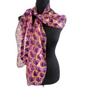 Vintage 80s 90s Abstract Scarf Purple Gold Satin Sheer Stripe Korea Mod 60”x 12”